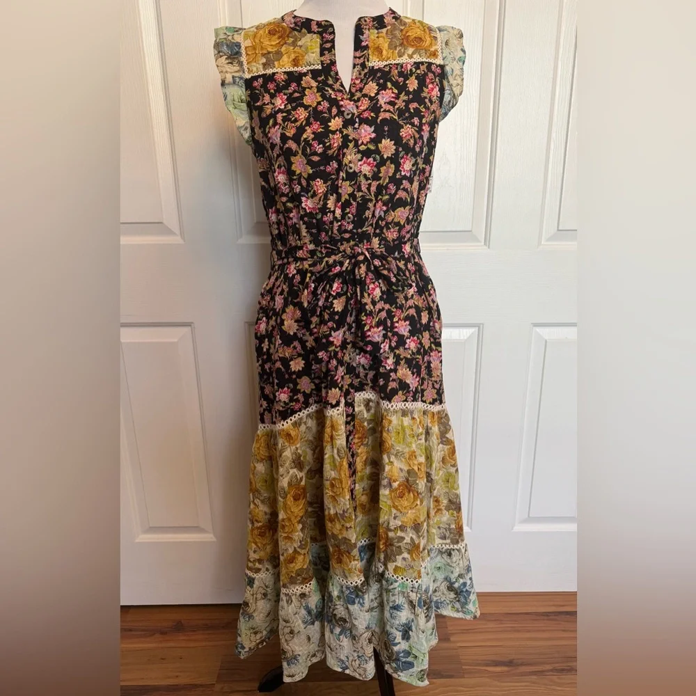 Anthropologie Patchwork Floral Prairie Midi Dress XS Romantic Boho Cottagecore - Picture 2 of 12